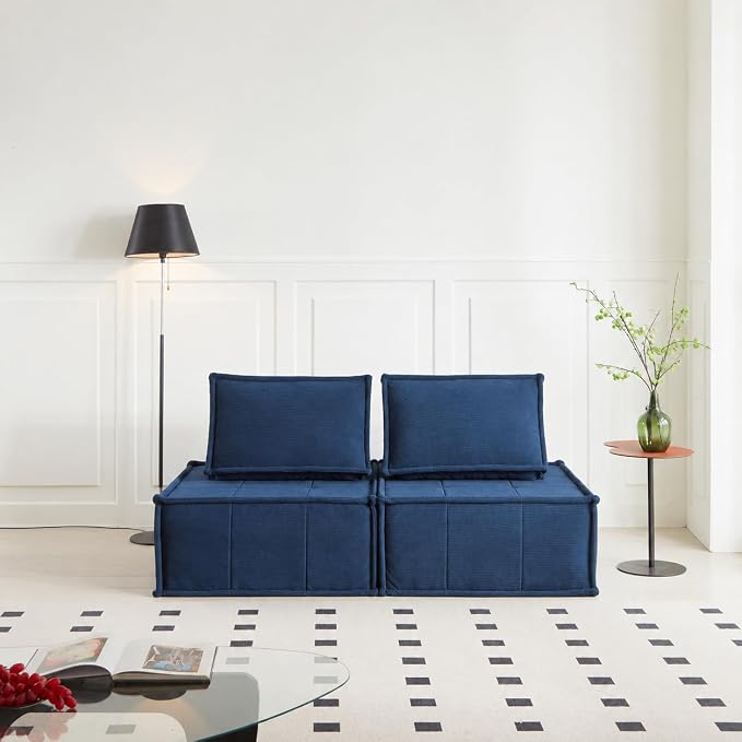 PurrJoys Modular Sectional Loveseat, 2-Piece Deep Seat Corduroy Lounge Sofa with Movable Cushions, Small Loveseat Couch for Living Room, Bedroom, Apartment, Blue