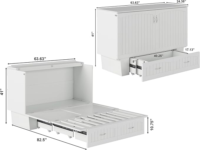 AFI, Nantucket Queen Murphy Bed Chest with Mattress, Storage Drawer and Built-In USB Charger, White