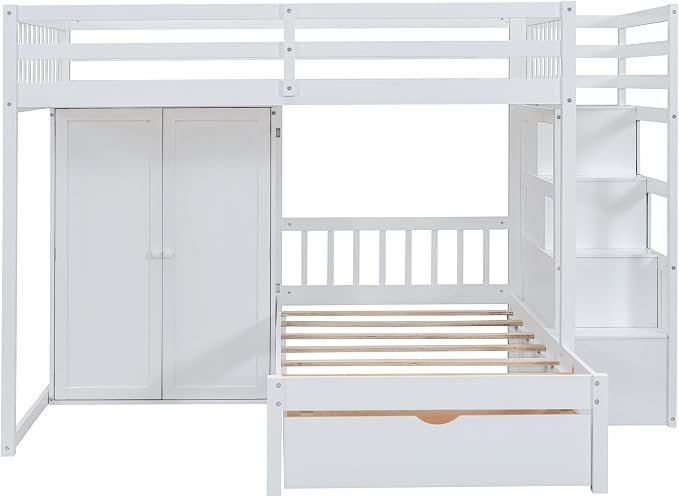 Merax Full Over Twin Bunk Bed with Wardrobe and Drawers, White