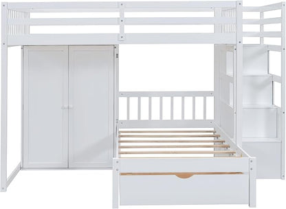 Merax Full Over Twin Bunk Bed with Wardrobe and Drawers, White