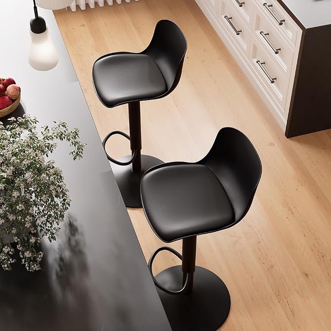 Kidol & Shellder Bar Stools Set of 2 Black Adjustable Swivel Counter Height Stools, Modern PU Leather Upholstered with Backs Barstools for Kitchen Island