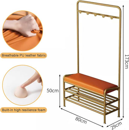 Narrow Hall Tree Storage Bench for Entryway, Coat Rack Shoe Bench Metal, Freestanding Coat Tree with Storage Shelf and Hooks, Entryway Bench with Shoe Storag(Orange-80 x 29 x 173 cm