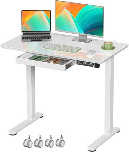 Gibbon Mounts Glass Standing Desk with Drawer, 35×20Inch Whole Piece Height Adjustable Rising Desk, Electric Sit Stand Desk with Wheels, Small Computer Desk, White