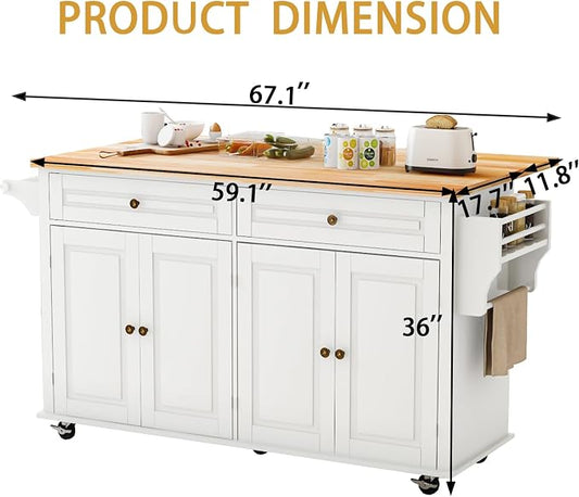 JassmiPkwy 67’’ Movable Kitchen Island with Drop Leaf and Power Outlet, Lockable Sliding Countertop Rolling Island Cart with 2 Large Drawers, Spice, Towel Rack,White