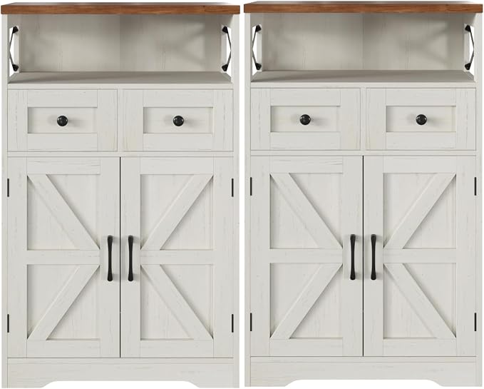 Befrases Set of 2 Farmhouse Storage Cabinet with Barn Doors and Drawers, Freestanding Kitchen Pantry, Floor Storage Cabinet Hutch Cupboard for Kitchen, Laundry, Living Room, White