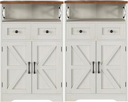 Befrases Set of 2 Farmhouse Storage Cabinet with Barn Doors and Drawers, Freestanding Kitchen Pantry, Floor Storage Cabinet Hutch Cupboard for Kitchen, Laundry, Living Room, White