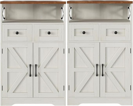 Befrases Set of 2 Farmhouse Storage Cabinet with Barn Doors and Drawers, Freestanding Kitchen Pantry, Floor Storage Cabinet Hutch Cupboard for Kitchen, Laundry, Living Room, White