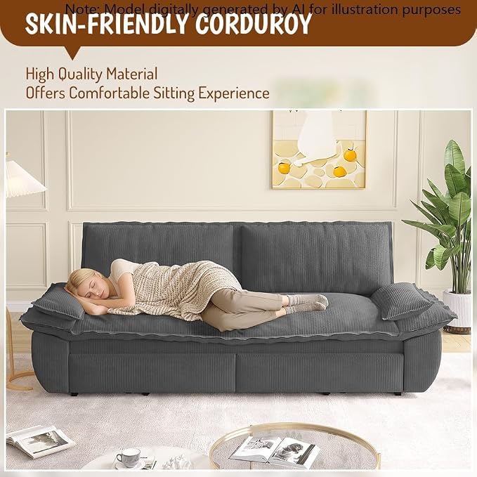73.2" Sleeper Sofa Bed Queen Size, 3-in-1 Convertible Couch, Modern Pull Out Couches, Comfy Corduroy Futon Sofa, Cloud Loveseat Lounge, Pillow Arm, for Living Room, Apartment, Dark Grey