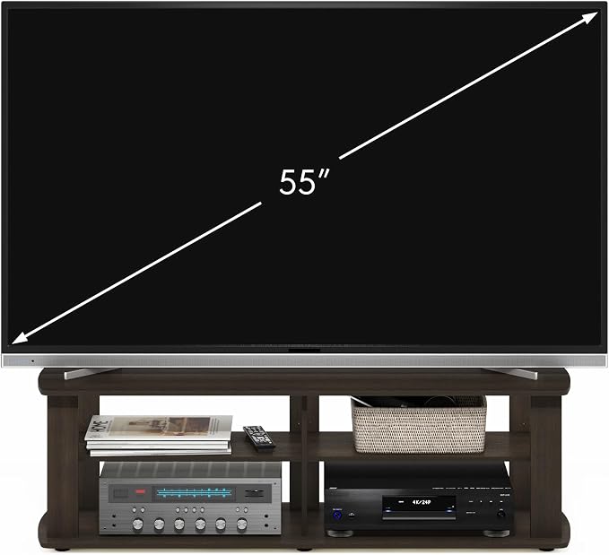 Furinno Nelly TV Stand, 3-Tier Entertainment Center with Open Shelves Storage, TV Console for TV up to 55 Inch, Soft Edges, for Living Room, Bedroom, Dark Brown