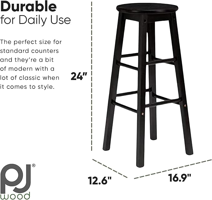 PJ Wood Classic Round Seat 24 Inch Tall Kitchen Counter Stools for Homes, Dining Spaces, and Bars with Backless Seats, Square Legs, Black, Set of 2