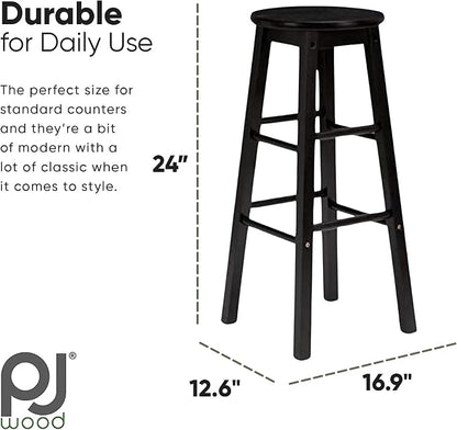 PJ Wood Classic Round Seat 24 Inch Tall Kitchen Counter Stools for Homes, Dining Spaces, and Bars with Backless Seats, Square Legs, Black, Set of 2
