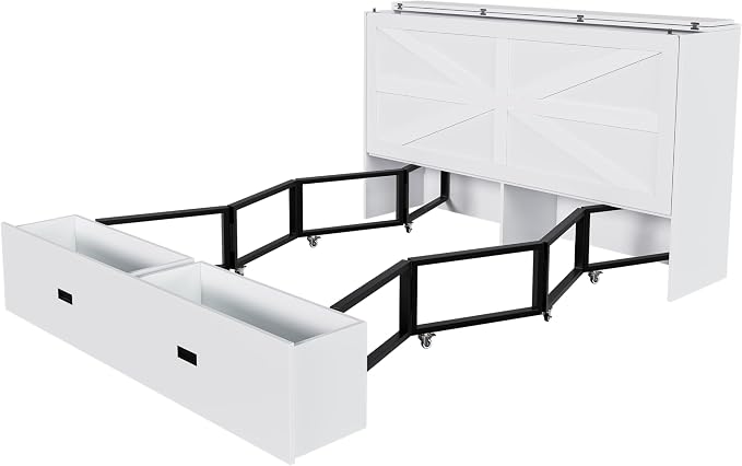 Bellemave Full Murphy Bed with Mattresses and Charging Stations and Storage Drawer, Farmhouse Murphy Cabinet Bed with Foldable Panel, Noisy Free, for Guest Bedroom, Living Room, White