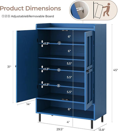 Shoe Storage Cabinet with 2 Doors, 6-Tier Shoe Cabinet with 3 Adjustable Shelves and Metal Legs, 45'' Tall Shoe Rack Organizer Cabinet for Entryway, Front Door, Blue