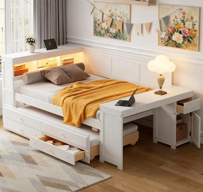 Bellemave Full Corner Bed Frame, Full Size Captain beds with Storage Cabinets and Desk, Wood Daybed with Bookcase Trundle and Drawers, White