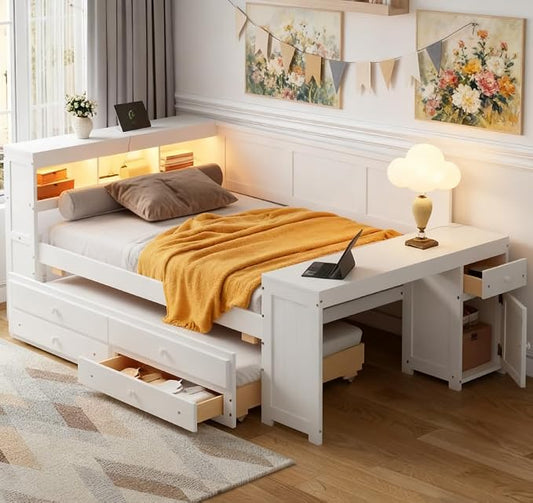Bellemave Full Corner Bed Frame, Full Size Captain beds with Storage Cabinets and Desk, Wood Daybed with Bookcase Trundle and Drawers, White