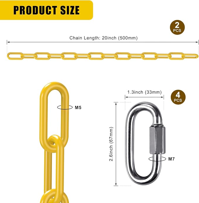 2Pcs 20" Heavy Duty Hanging Chain with Hook Swing Extension Chain Yellow | 1000 LB Capacity Coated Hammock Extension Chain for Swing Set, Hanging Chair, Porch Swin, Heavy Bags, for Indoor Outdoor Use