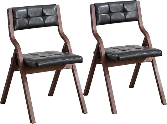 2-Pack Folding Dining Chairs with Cushion,Faux Leather Padded Foldable Dining Chairs,Portable Wooden Folding Chairs for Dining Rooms Kitchen Wedding and Party Indoor Black