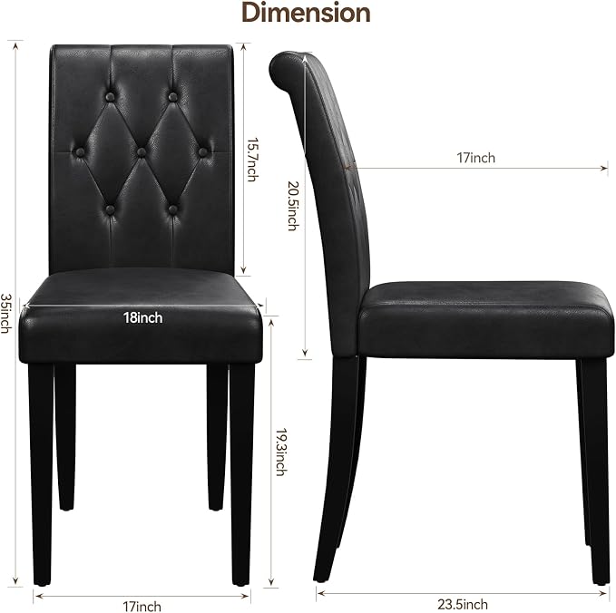 Welzona Upholstered Dining Chairs Set of 6, Button Tufted Parsons Dining Chair with Solid Wood Legs, Modern PU Leather Side Chair for Dining Room/Kitchen/Restaurant/Hotel- Black