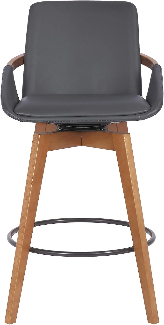 Armen Living Baylor Mid Century Modern Swivel Bar Stool for Kitchen Island Counter in Gray Faux Leather and Walnut Wood, 26" Seat Height