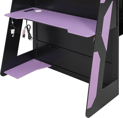 Merax Twin Size Loft Bed with Desk, Multi-Storage Shelves and RGB Light | Space-Saving Wooden Gaming Bed Frame with Charging Station and Guardrail