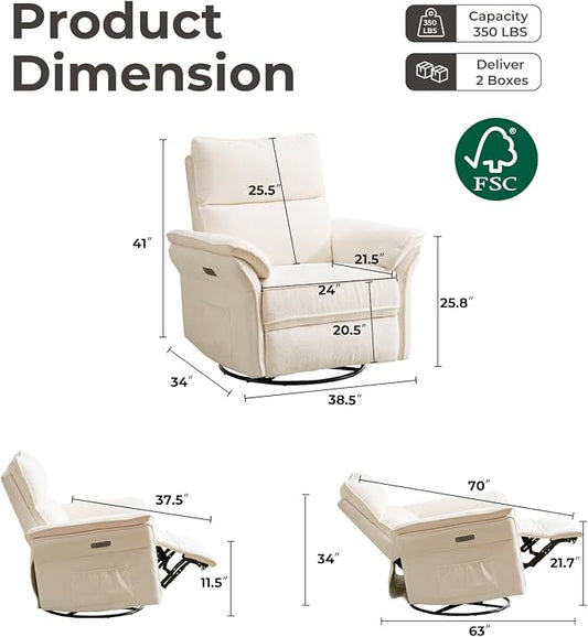 Oversized Power Recliner Chair Swivel Glider with Massage and Heat, Rocker Nursery Recliner for Adults with Adjustable Headrest, 26" Extra Wide Nursery Chair with Overstuffed Armrest,White