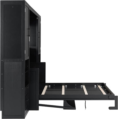 Merax Queen Size Murphy Bed with Desk, Closet, Drawers and Shelves, Fold into The Wall, Space-Saving Foldable Wood Platform Bed Frame for Small Spaces Studio Study Office Guest Room, Black(Oak Veneer)