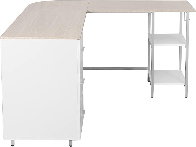Techni Mobili L Shaped Desk - Two-Toned Computer Desk with Drawers & Storage Shelves - Simple Modern Furniture & Home Office Space Corner Table for Work & Writing | 59" two‑tone L‑shaped desk with storage shelves, durable frame, modern corner workstati...