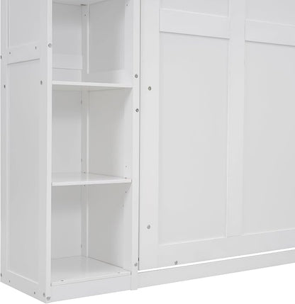 Ball & Cast Full Size Murphy Bed Wall Bed with Shelves and LED Lights,can be Folded,Hideaway Cabinet Frame W/ 2 Five-Layer Cabinets,Slat Support,No Box Spring Needed,for Apartment,Bedroom,White