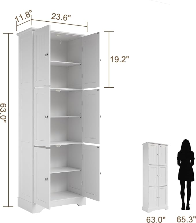 ChooChoo Tall Bathroom Storage Cabinet with 6 Doors, Freestanding Floor Cabinet with Adjustable Shelves, White Pantry Cabinet for Bathroom, Kitchen, Laundry Room
