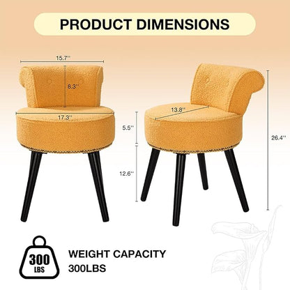 Vanity Chair with Back, Sherpa Stool with Tufted Backrest & Gold Nailhead Trim, Round Vanity Seat for Bedroom and Bathroom Makeup, Support 220lbs, Easy Assembly (Yellow)