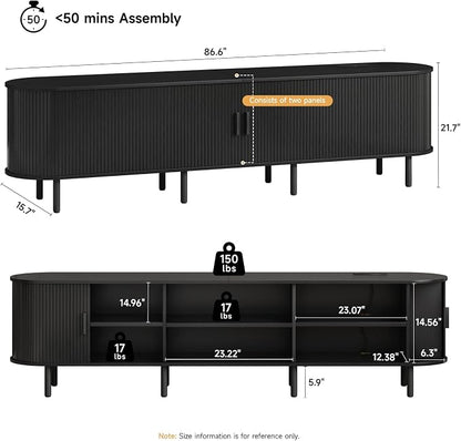 ONBRILL 86.6" TV Stand with Power Outlet for TVs up to 90 Inch, Entertainment Center with Storage and Adjustable Shelves, Modern Media Console with Sliding Doors for Living Room, Black