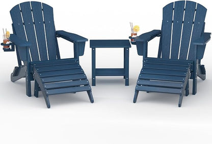 Garvee Folding Adirondack Chair Set of 5, HDPE Outdoor Patio Chair with Cup Holder, All Weather Resistent Wooden Textured for patios, Decks, Gardens, fire Pit, Navy Blue