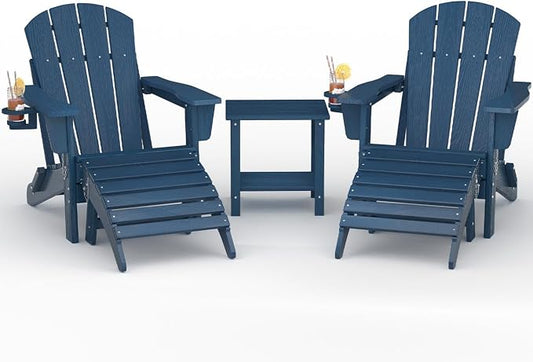 Garvee Folding Adirondack Chair Set of 5, HDPE Outdoor Patio Chair with Cup Holder, All Weather Resistent Wooden Textured for patios, Decks, Gardens, fire Pit, Navy Blue