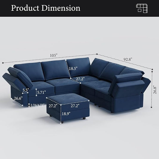 Vesgantti Sectional Couches with Storage Seats, 92" V Shaped Convertible Modular Sectional Sofa, 5 Seat & 1 Ottoman Velvet Storage Chaises Deep Seat Couch for Living Room, Bedroom, Apartment, Blue