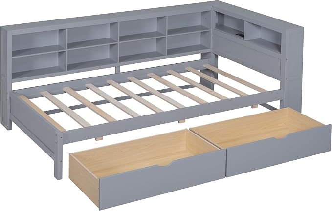 Bellemave Twin Corner Bed Frame, Wood Twin Size Daybed with L-Shaped Bookcase and 2 Drawers，Daybed with Storage Cabinets, Gray