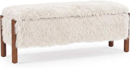 Modern Storage Benches with Walnut Wood Legs, 47'' Ottoman Bench with 20 Gallons Storage Space for Bedroom End of Bed, Faux Fur Fabric Upholstered Entryway Bench, Beige