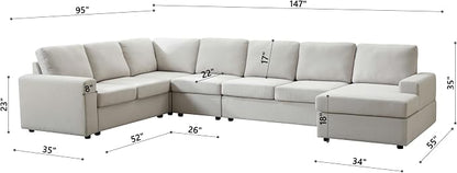 Ball & Cast 147" L-Shaped Sectional Couch for Living Room with Reversible Chaise & Removable Back Cushions,7 Seat Linen Upholstered Convertible Sectional Sofa Set,DIY Combination,for Home,Office,Beige
