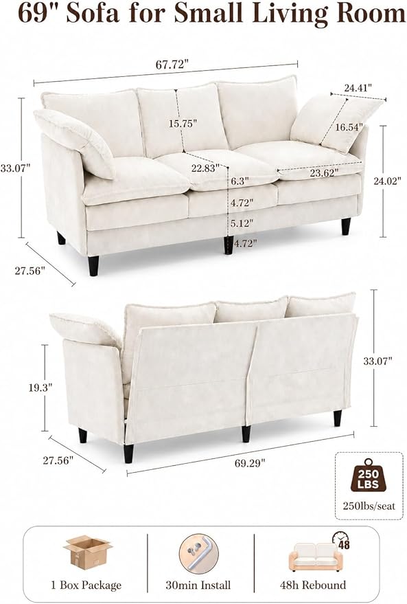 KYJ 69 Inch Small Sofa, 3-Seater Loveseat Couch with Cloud 2 Layer Cushion, 22.8" Deep Seat, Oversized Pillows, Chenille Fabric, Compact for Small Spaces,Apartment, Living Room, Studio, Office, Beige