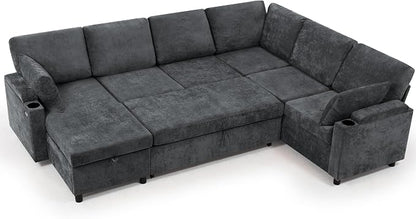 110" Chenille Sectional Sofa w/Pull Out Bed & Storage Chaise, Grey | Reversible U Shape Sofa w/Storage Armrests & Cup Holders, Corner Couch w/USB Charging Port & Throw Pillows for Living Room
