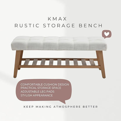 Kmax Entryway Bench with Shoe Storage, Upholstered Wood Storage Bench for Living Room Window Bench for Bedroom End of Bed - Linen, Beige