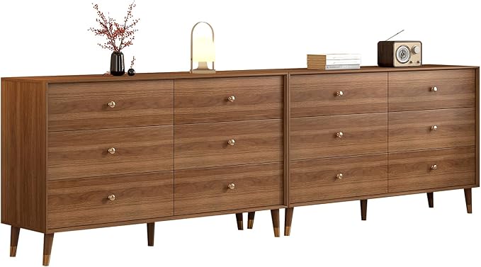 6 Drawer Dresser For Bedroom, 2 PCS 47 Inch Dresser for Closet with Walnut Frame, Modern Wood Chest of Drawers with Natural Texture & Pre-Embedded Slots For TV Stand, Living Room, Hallway, Office