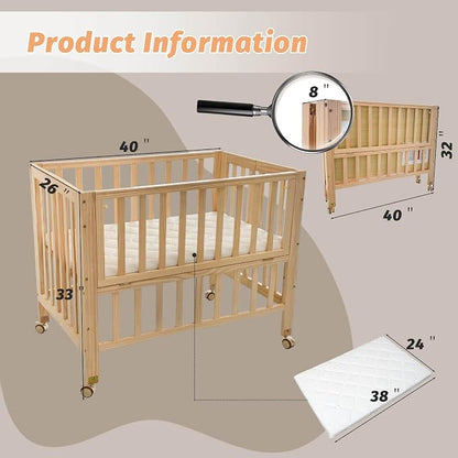 Flwrgirl Folding Wood Bedside Bassinet - Portable 4-in-1 Baby Bassinet with Breathable Mattress,3 Heights Baby Crib with Wheels,Mini Crib for Infant Newborn and Small Space,Unpainted