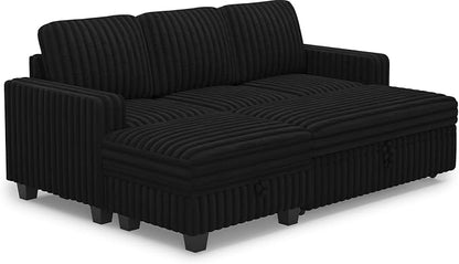 Belffin Corduroy Modular Sectional Sleeper Sofa with Pull Out Bed Small Sectional Couches with Storage for Living Room Apartment Couch. Black Couch