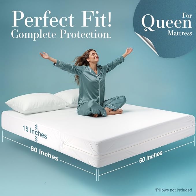 Utopia Bedding Queen Mattress Protector Zippered, 100% Waterproof Bed Bug and Dust Mite Proof Mattress Encasement, Absorbent 6 Sided Mattress Cover