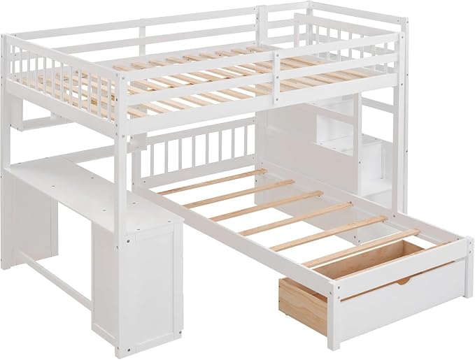 MERITLINE Full Over Twin L Shaped Bunk Bed with Stairs and Desk,Solid Wood L-Shaped Bunk Bed with Storage Drawers,Shelves,Ladder,Headboard and Guardrail,No Box Spring Needed (White)