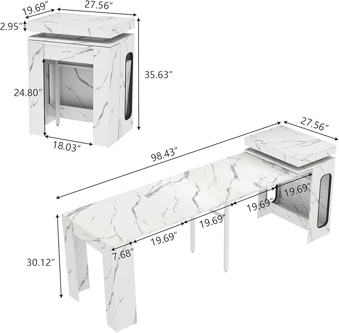 Extendable Dining Table with Charging Station, Convertible Folding Console Table for 6-8 People, Space-Saving Dining Table with LED Lights, Wood Rectangle Kitchen Table, Marble White (No Chairs)