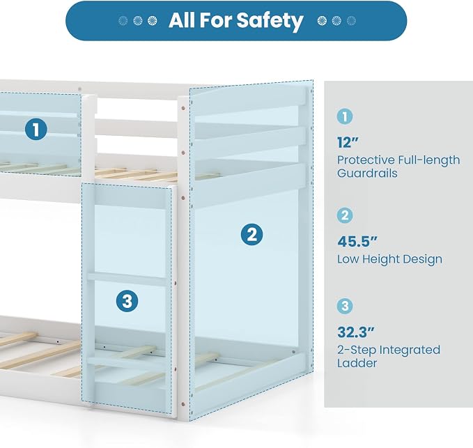 KOMFOTT Low Bunk Bed Twin Over Twin, Solid Wood Bunk Bed Frame with Built-in Ladder & Safety Guardrails, Space-Saving Low Bunk Bed for Kids, Teens, No Box Spring Needed