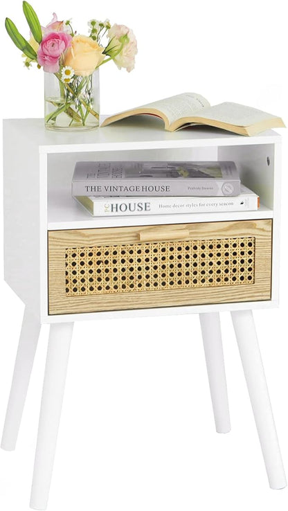 MaxSmeo White Nightstand with Drawer, Mid Century Modern Nightstand, Rattan Side Table, End Table with Storage for Living Room, Bedroom and Small Spaces, Easy Assembly (White)