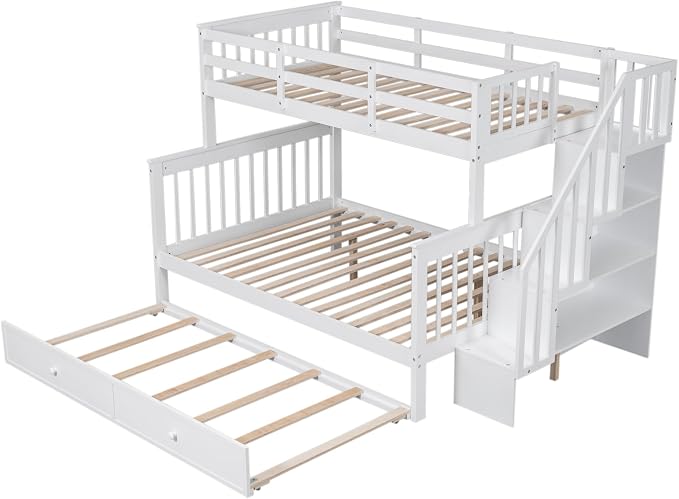 MERITLINE Twin Over Full Bunk Bed with Trundle, Storage Staircase,Solid Wood Bunk Bed with Stairs Box and Guardrail, No Spring Box Needed (White &Trundle,Twin Over Full)