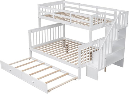 MERITLINE Twin Over Full Bunk Bed with Trundle, Storage Staircase,Solid Wood Bunk Bed with Stairs Box and Guardrail, No Spring Box Needed (White &Trundle,Twin Over Full)